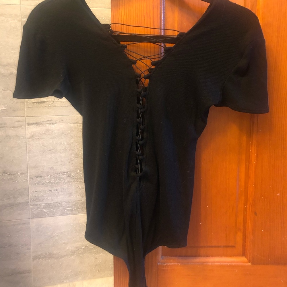 Lace up black thong bodysuit